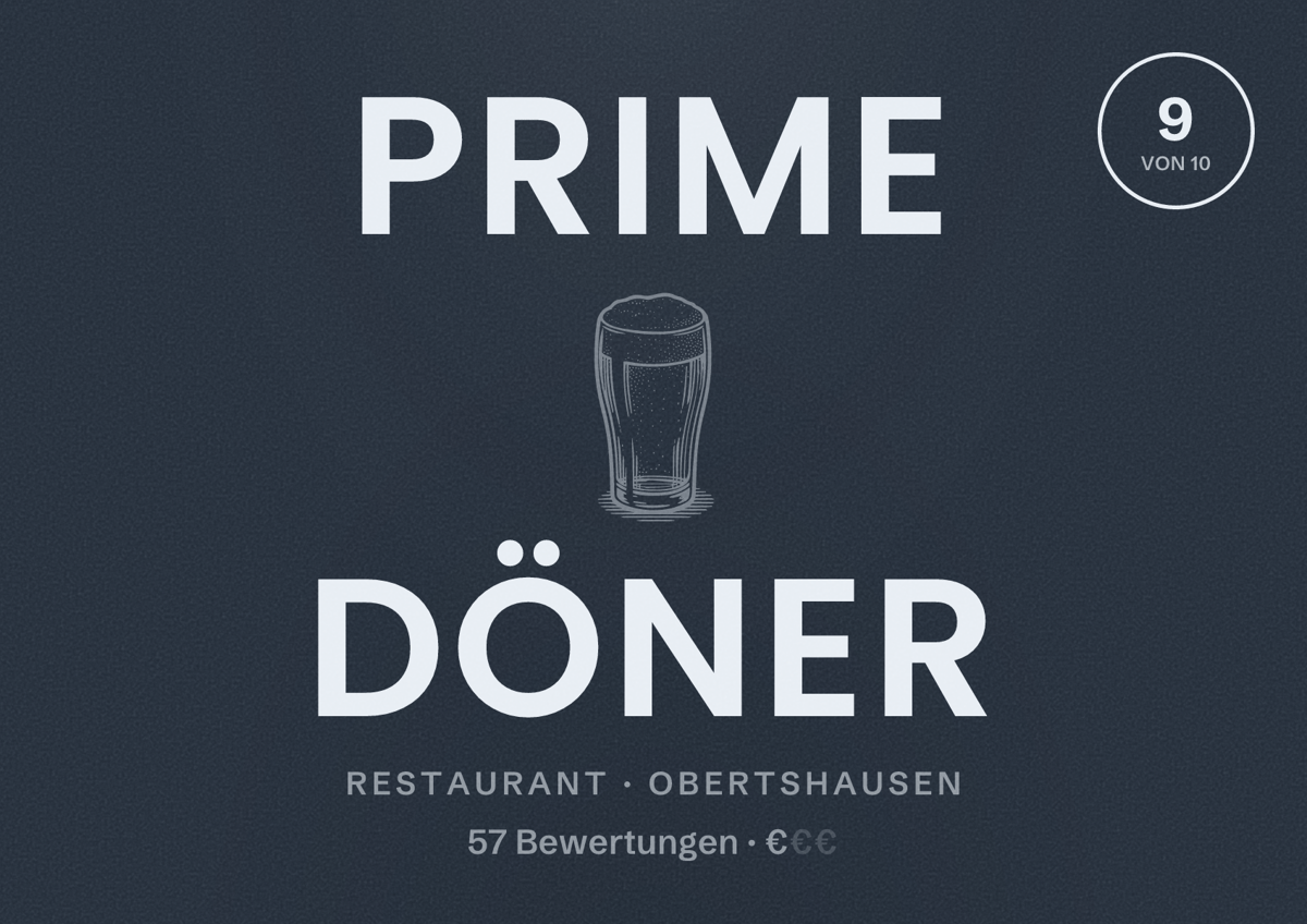 Illustriertes Poster von Prime Döner, Restaurant in Obertshausen: Bewertung 9 von 10 aus 57 Bewertungen, Preisniveau €