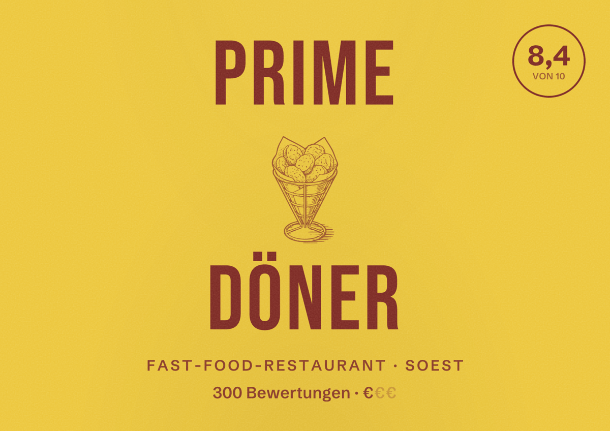 Illustriertes Poster von PRIME Döner, Fast-Food-Restaurant in Soest: Bewertung 8,4 von 10 aus 300 Bewertungen, Preisniveau €