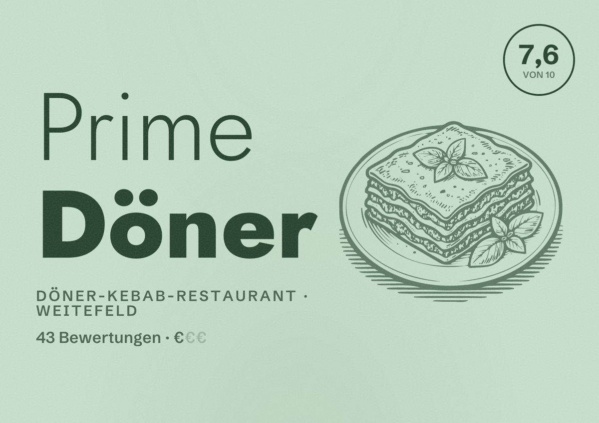 Illustriertes Poster von Prime Döner, Döner-Kebab-Restaurant in Weitefeld: Bewertung 7,6 von 10 aus 43 Bewertungen, Preisniveau €