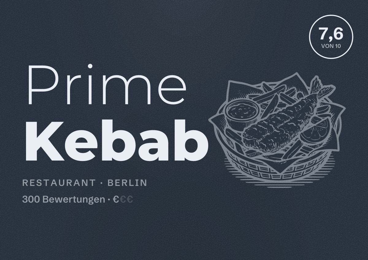 Illustriertes Poster von Prime Kebab, Restaurant in Berlin: Bewertung 7,6 von 10 aus 300 Bewertungen, Preisniveau €
