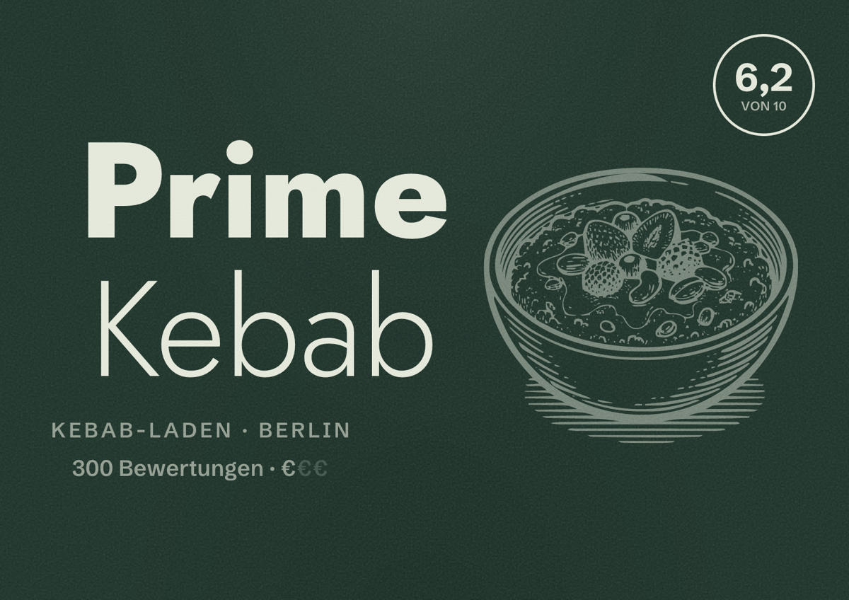 Illustriertes Poster von Prime Kebab, Kebab-Laden in Berlin: Bewertung 6,2 von 10 aus 300 Bewertungen, Preisniveau €
