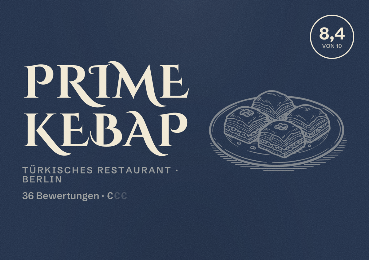 Illustriertes Poster von Prime Kebap, Türkisches Restaurant in Berlin: Bewertung 8,4 von 10 aus 36 Bewertungen, Preisniveau €