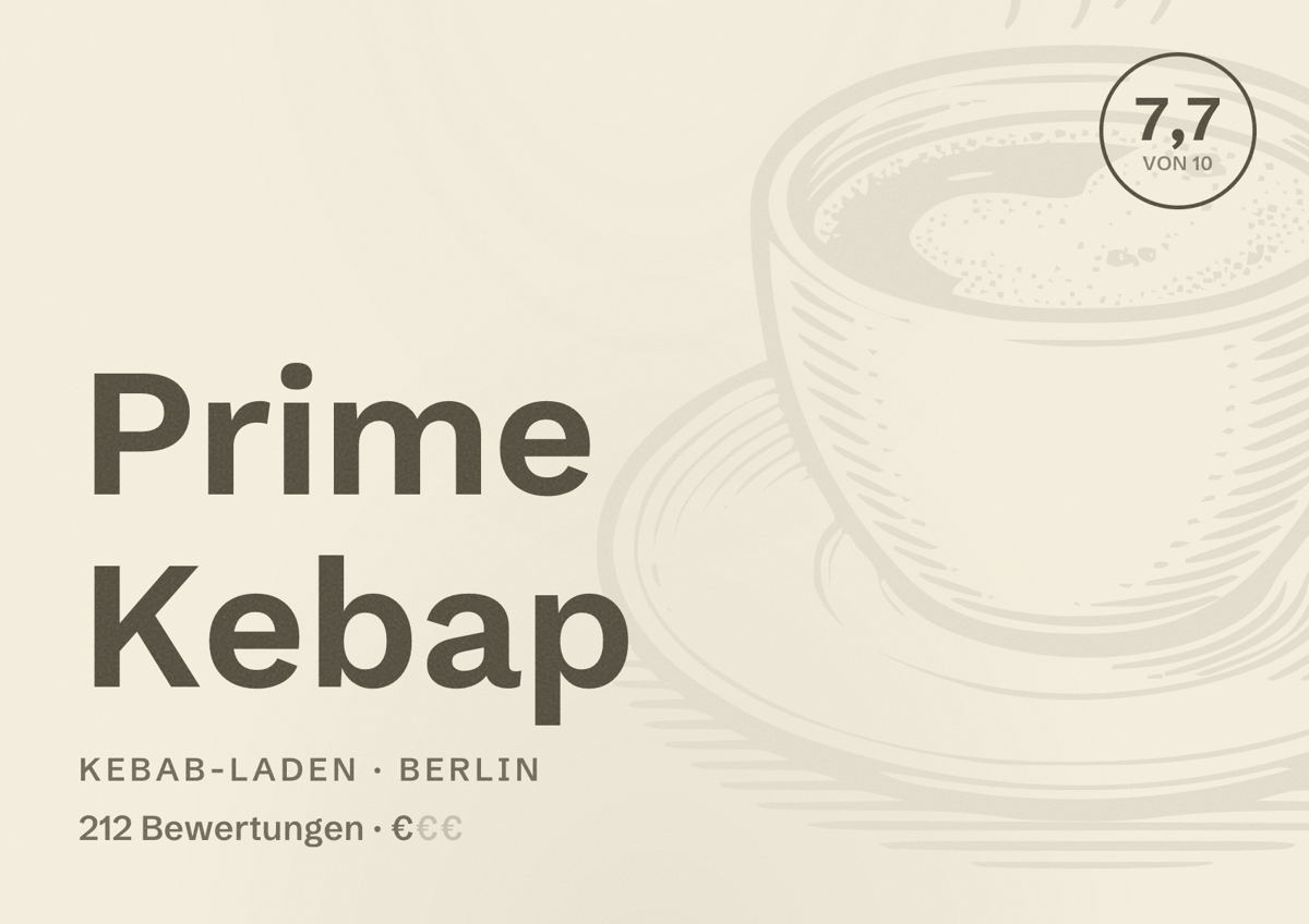 Illustriertes Poster von Prime Kebap, Kebab-Laden in Berlin: Bewertung 7,7 von 10 aus 212 Bewertungen, Preisniveau €