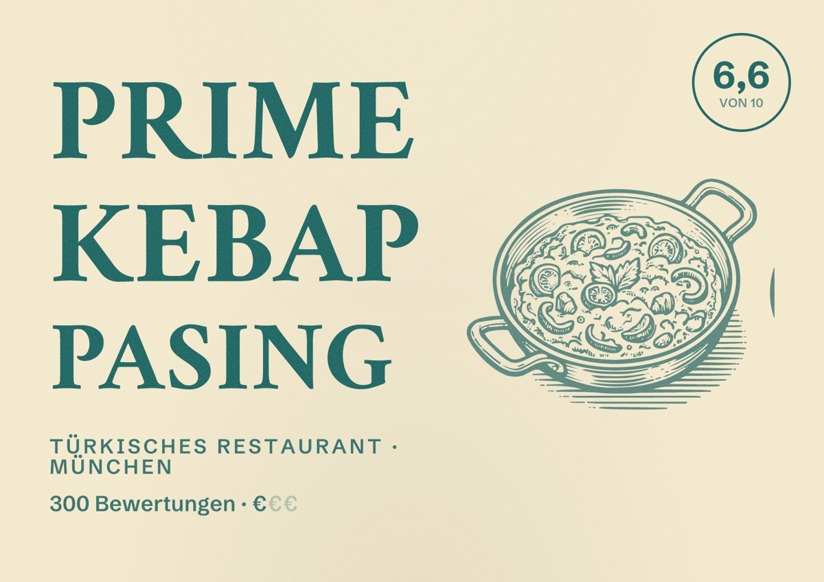 Illustriertes Poster von prime Kebap Pasing, Türkisches Restaurant in München: Bewertung 6,6 von 10 aus 300 Bewertungen, Preisniveau €