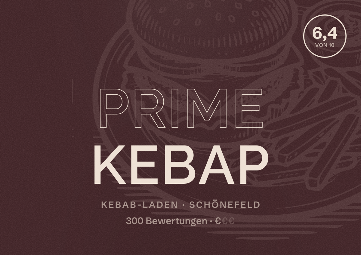 Illustriertes Poster von Prime Kebap, Kebab-Laden in Schönefeld: Bewertung 6,4 von 10 aus 300 Bewertungen, Preisniveau €
