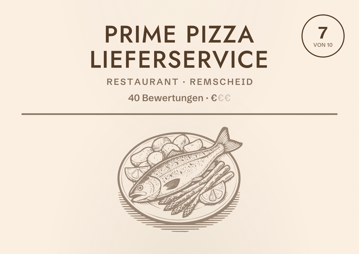 Illustriertes Poster von Prime Pizza Lieferservice, Restaurant in Remscheid: Bewertung 7 von 10 aus 40 Bewertungen, Preisniveau €