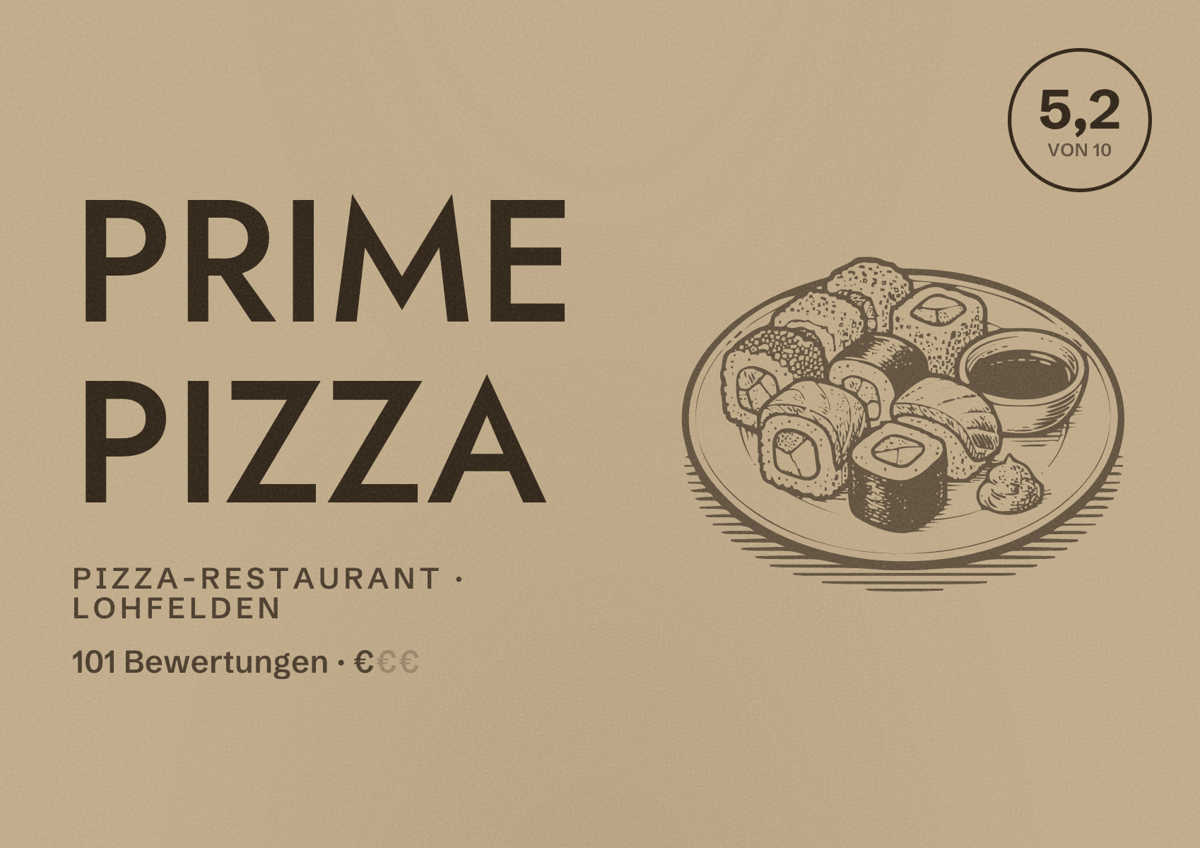Illustriertes Poster von Prime Pizza, Pizza-Restaurant in Lohfelden: Bewertung 5,2 von 10 aus 101 Bewertungen, Preisniveau €