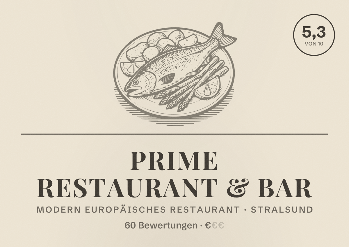 Illustriertes Poster von PRIME Restaurant & Bar, Modern europäisches Restaurant in Stralsund: Bewertung 5,3 von 10 aus 60 Bewertungen, Preisniveau €