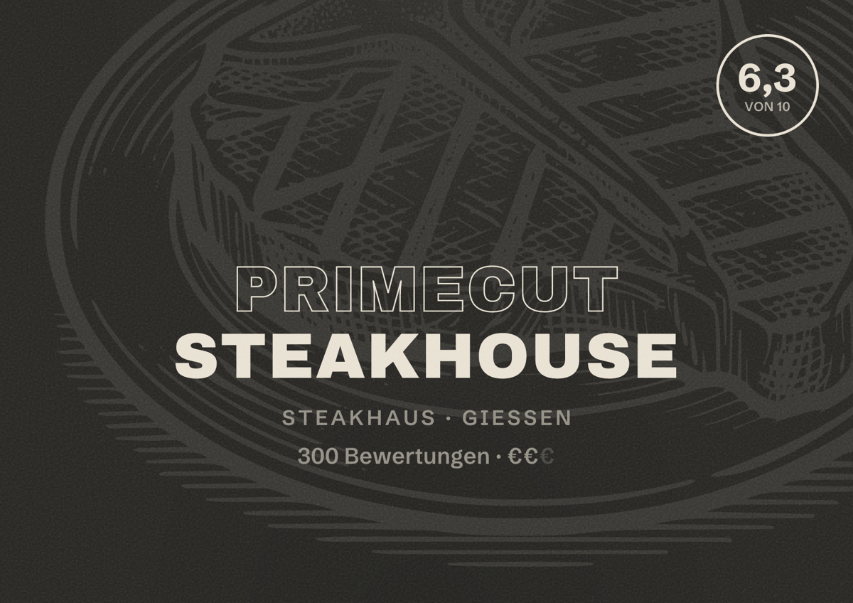 Illustriertes Poster von Primecut Steakhouse, Steakhaus in Gießen: Bewertung 6,3 von 10 aus 300 Bewertungen, Preisniveau €€