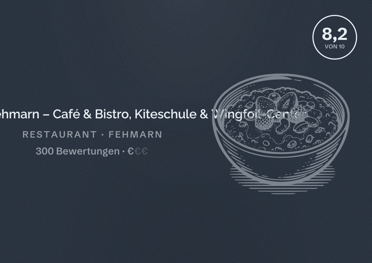 Illustriertes Poster von Primesurf Fehmarn – Café & Bistro, Kiteschule & Wingfoil-Center, Restaurant in Fehmarn: Bewertung 8,2 von 10 aus 300 Bewertungen, Preisniveau €