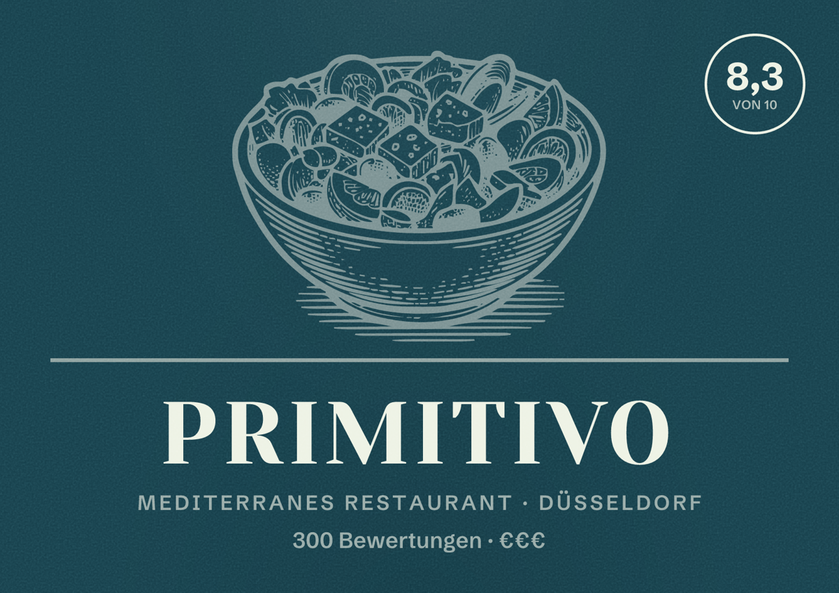 Illustriertes Poster von Primitivo, Mediterranes Restaurant in Düsseldorf: Bewertung 8,3 von 10 aus 300 Bewertungen, Preisniveau €€€