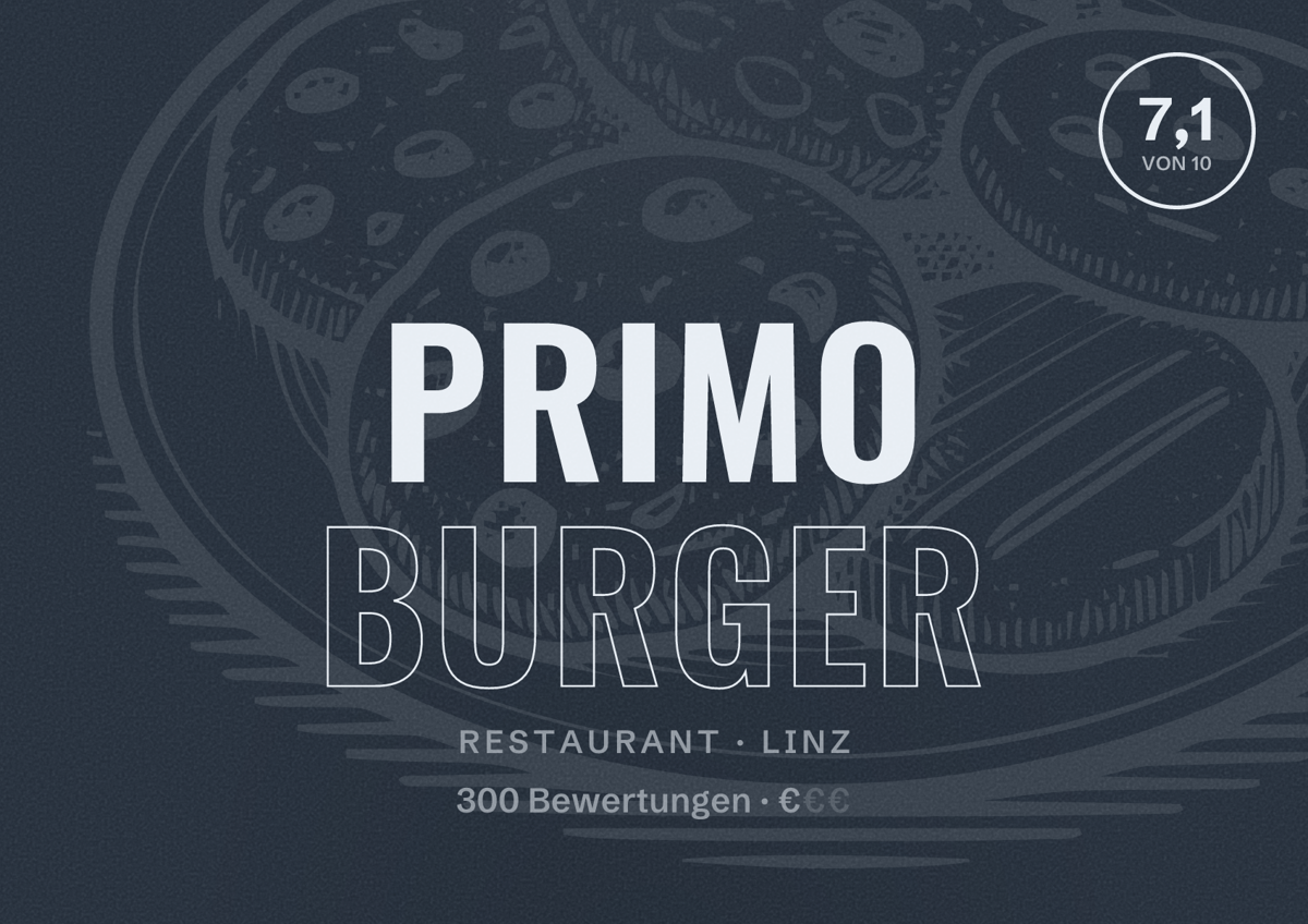 Illustriertes Poster von PRIMO BURGER, Restaurant in Linz: Bewertung 7,1 von 10 aus 300 Bewertungen, Preisniveau €