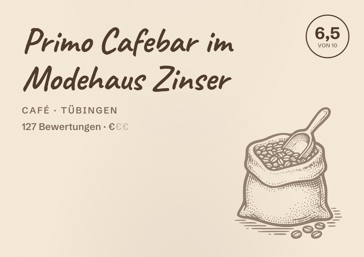 Illustriertes Poster von Primo Cafebar im Modehaus Zinser, Café in Tübingen: Bewertung 6,5 von 10 aus 127 Bewertungen, Preisniveau €