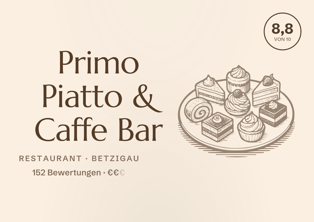 Illustriertes Poster von Primo Piatto & Caffe Bar, Restaurant in Betzigau: Bewertung 8,8 von 10 aus 152 Bewertungen, Preisniveau €€