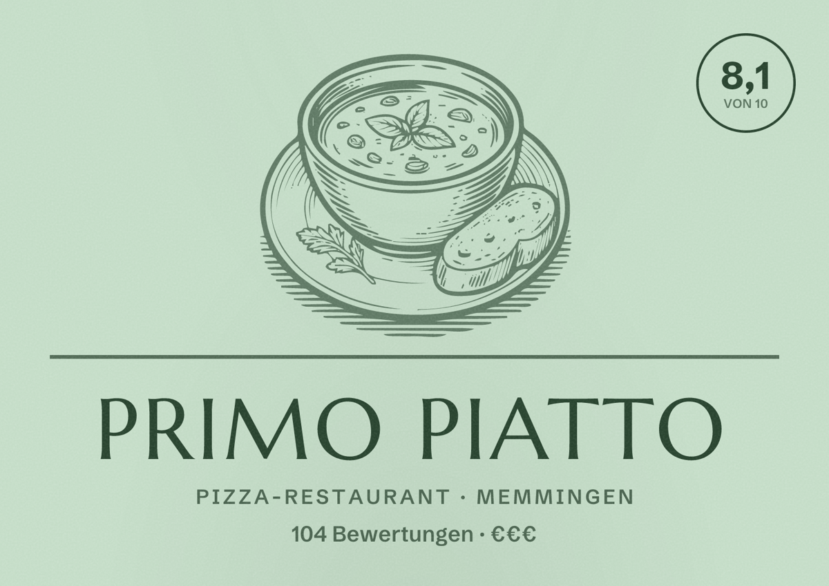 Illustriertes Poster von Primo Piatto, Pizza-Restaurant in Memmingen: Bewertung 8,1 von 10 aus 104 Bewertungen, Preisniveau €€€
