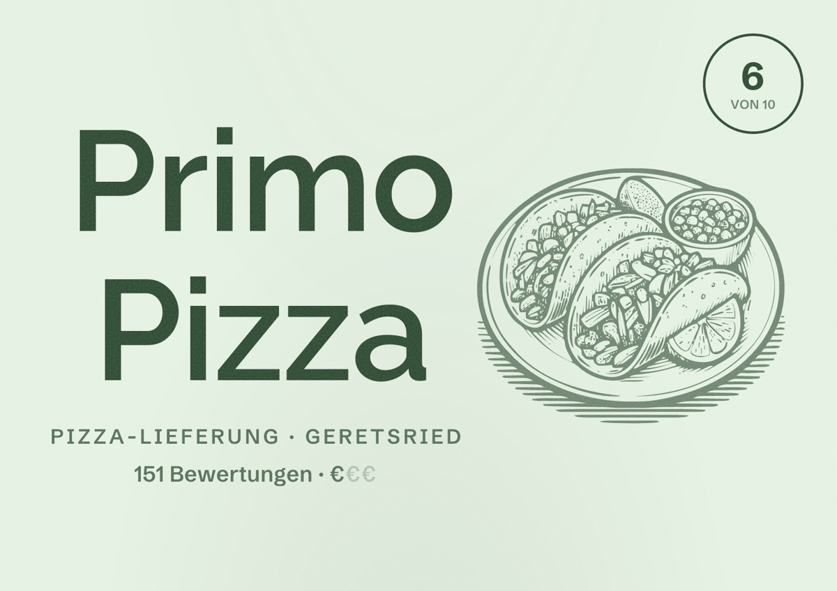 Illustriertes Poster von Primo Pizza, Pizza-Lieferung in Geretsried: Bewertung 6 von 10 aus 151 Bewertungen, Preisniveau €