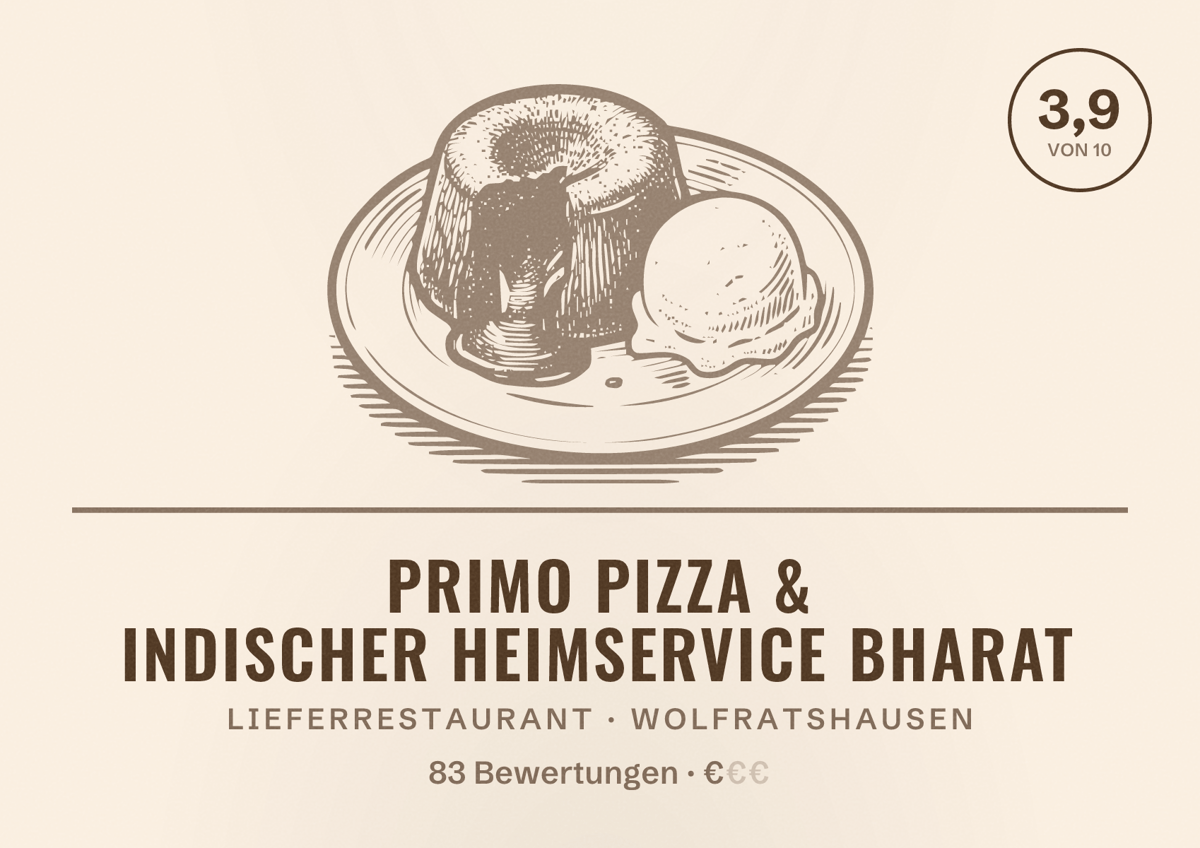 Illustriertes Poster von Primo Pizza & Indischer Heimservice Bharat, Lieferrestaurant in Wolfratshausen: Bewertung 3,9 von 10 aus 83 Bewertungen, Preisniveau €