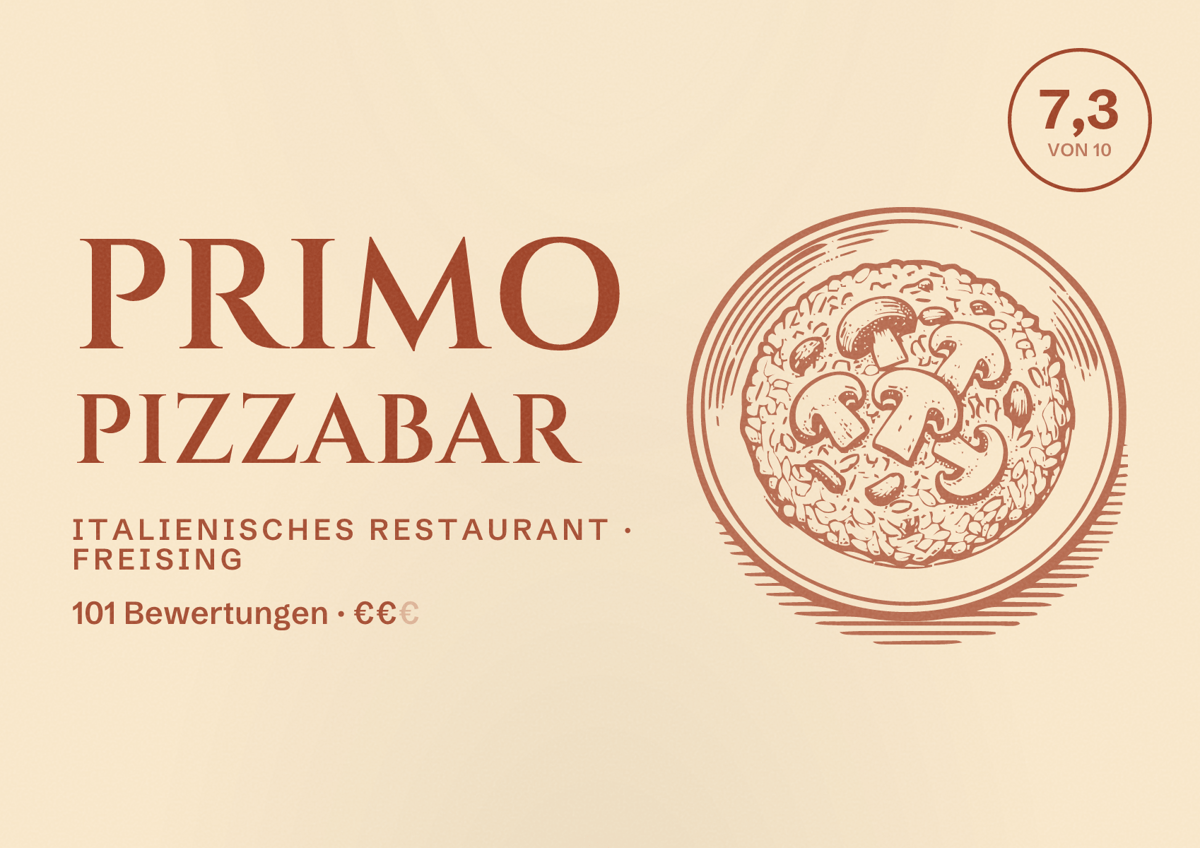 Illustriertes Poster von Primo Pizzabar, Italienisches Restaurant in Freising: Bewertung 7,3 von 10 aus 101 Bewertungen, Preisniveau €€