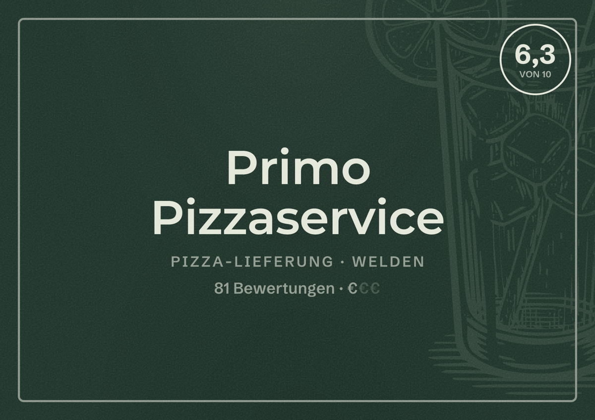 Illustriertes Poster von Primo Pizzaservice, Pizza-Lieferung in Welden: Bewertung 6,3 von 10 aus 81 Bewertungen, Preisniveau €