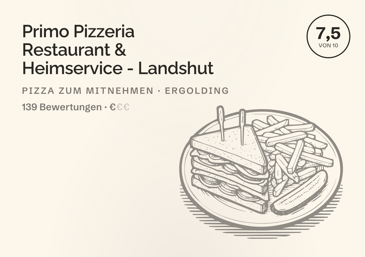 Illustriertes Poster von Primo Pizzeria Restaurant & Heimservice - Landshut, Pizza zum Mitnehmen in Ergolding: Bewertung 7,5 von 10 aus 139 Bewertungen, Preisniveau €