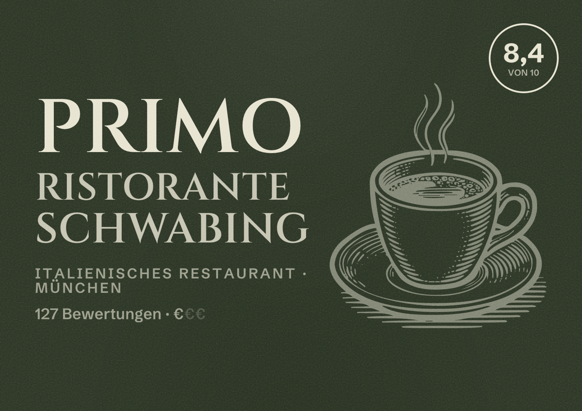 Illustriertes Poster von Primo Ristorante Schwabing, Italienisches Restaurant in München: Bewertung 8,4 von 10 aus 127 Bewertungen, Preisniveau €