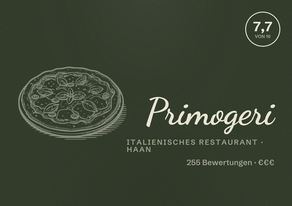 Illustriertes Poster von Primogeri, Italienisches Restaurant in Haan: Bewertung 7,7 von 10 aus 255 Bewertungen, Preisniveau €€€