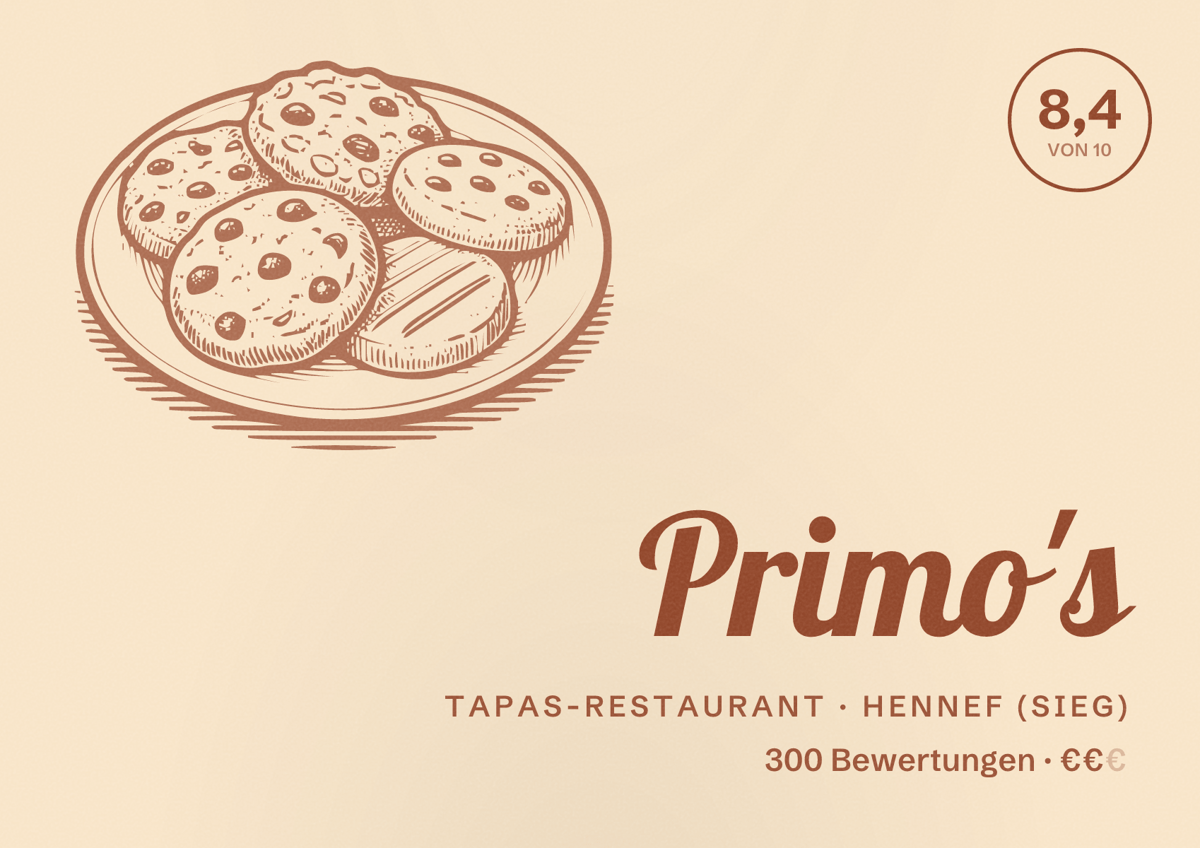 Illustriertes Poster von Primo's, Tapas-Restaurant in Hennef (Sieg): Bewertung 8,4 von 10 aus 300 Bewertungen, Preisniveau €€