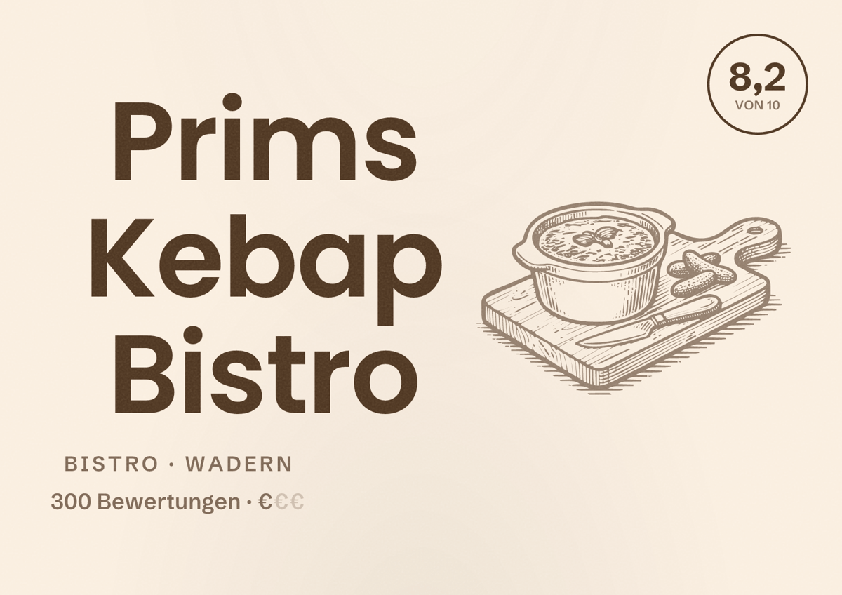 Illustriertes Poster von Prims Kebap Bistro, Bistro in Wadern: Bewertung 8,2 von 10 aus 300 Bewertungen, Preisniveau €