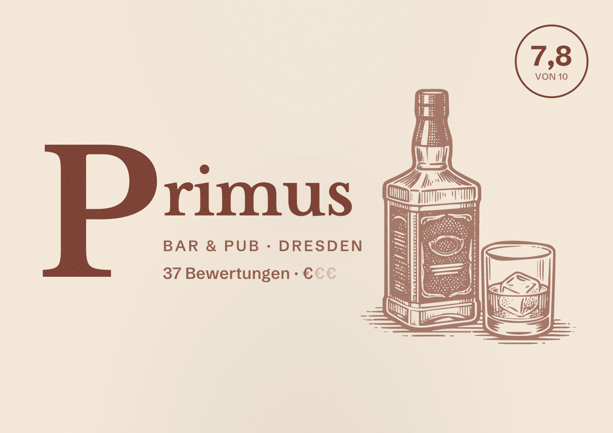 Illustriertes Poster von Primus, Bar & Pub in Dresden: Bewertung 7,8 von 10 aus 37 Bewertungen, Preisniveau €