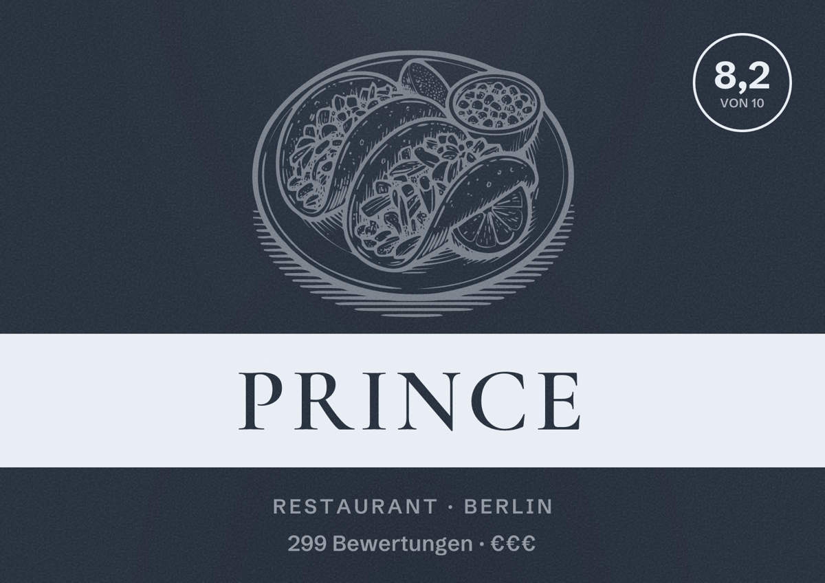 Illustriertes Poster von Prince, Restaurant in Berlin: Bewertung 8,2 von 10 aus 299 Bewertungen, Preisniveau €€€