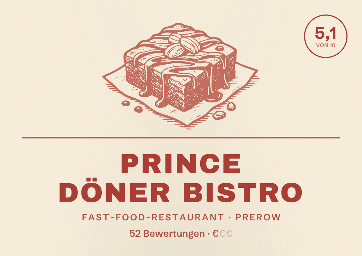 Illustriertes Poster von Prince Döner Bistro, Fast-Food-Restaurant in Prerow: Bewertung 5,1 von 10 aus 52 Bewertungen, Preisniveau €