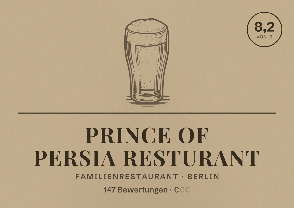 Illustriertes Poster von Prince Of Persia Resturant, Familienrestaurant in Berlin: Bewertung 8,2 von 10 aus 147 Bewertungen, Preisniveau €