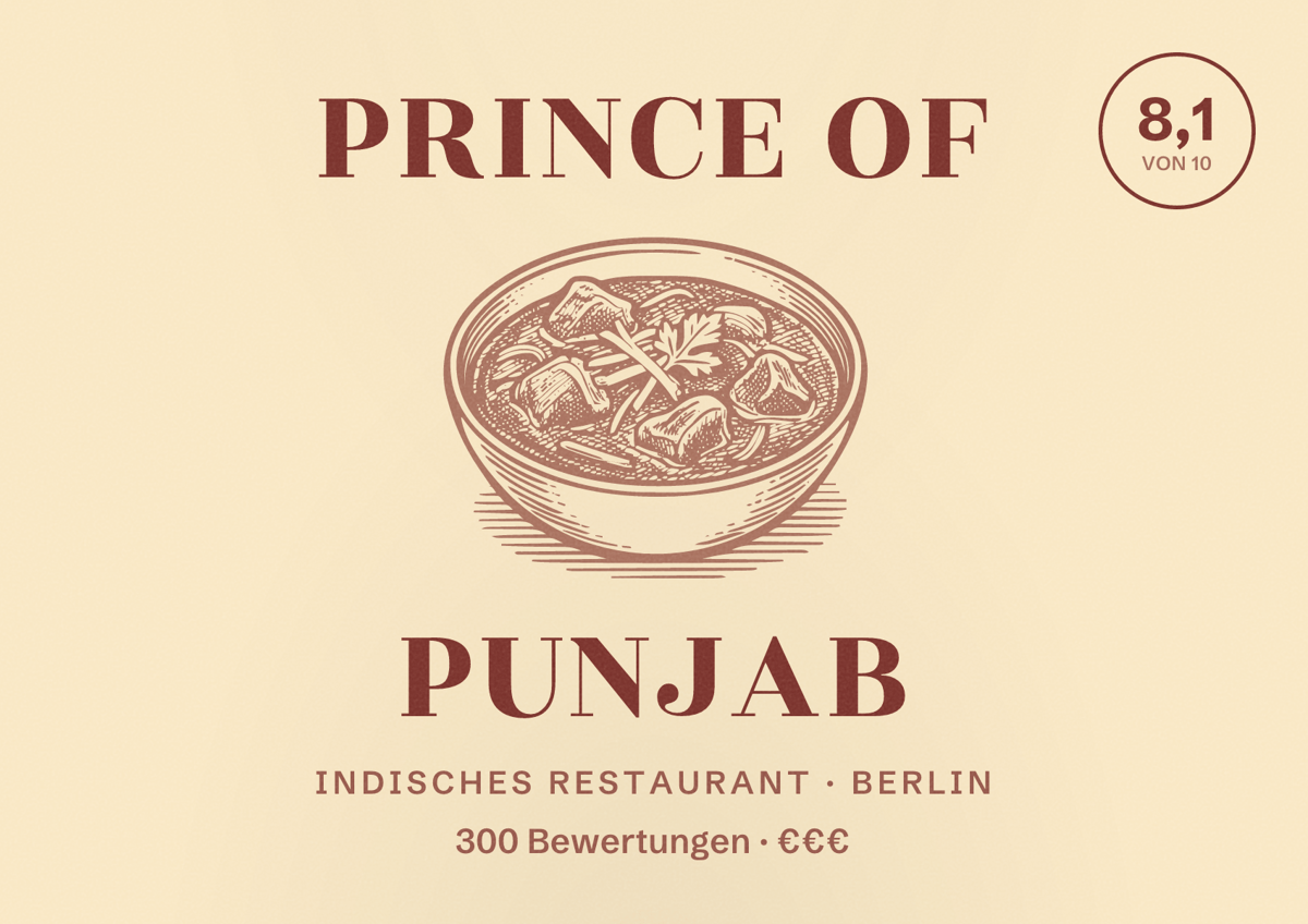 Illustriertes Poster von Prince of Punjab, Indisches Restaurant in Berlin: Bewertung 8,1 von 10 aus 300 Bewertungen, Preisniveau €€€