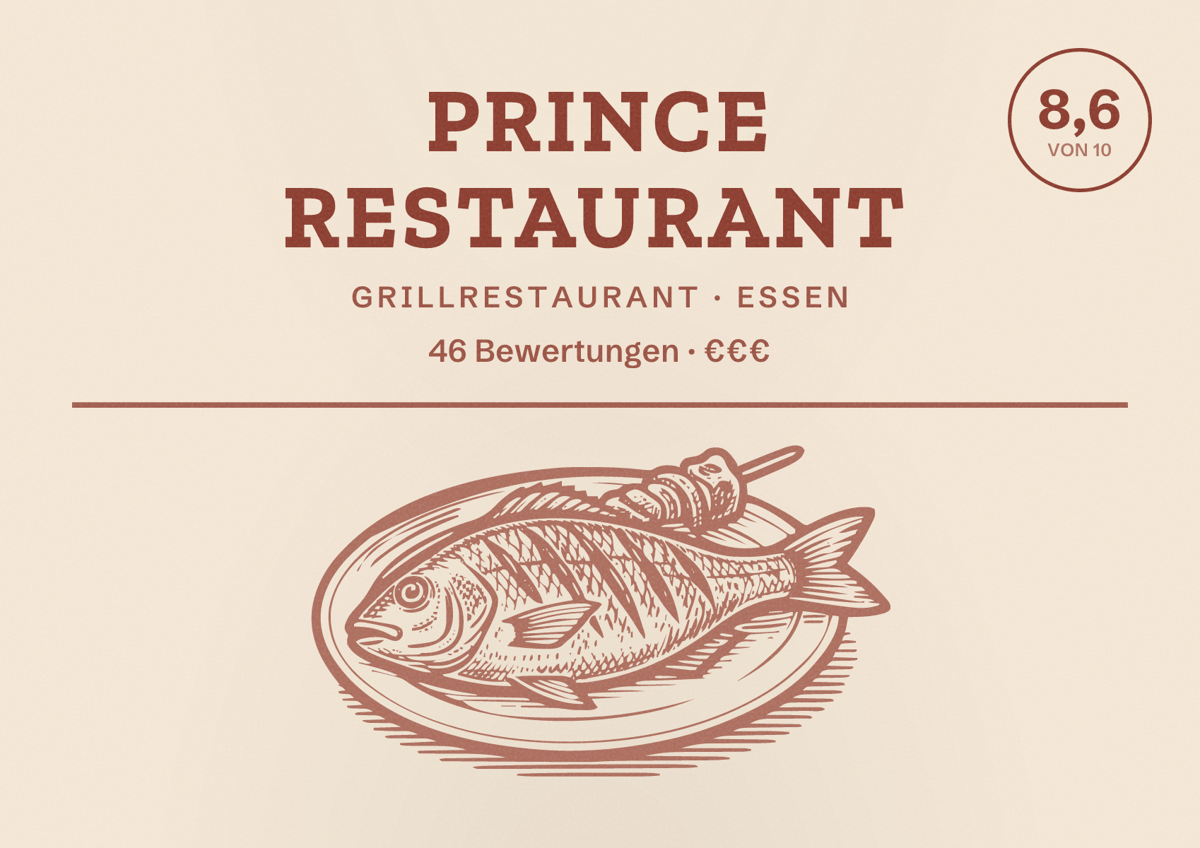 Illustriertes Poster von Prince Restaurant, Grillrestaurant in Essen: Bewertung 8,6 von 10 aus 46 Bewertungen, Preisniveau €€€