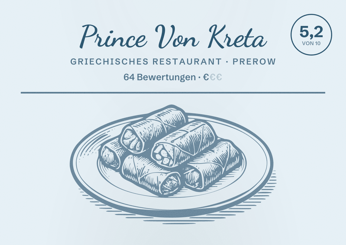 Illustriertes Poster von Prince Von Kreta, Griechisches Restaurant in Prerow: Bewertung 5,2 von 10 aus 64 Bewertungen, Preisniveau €