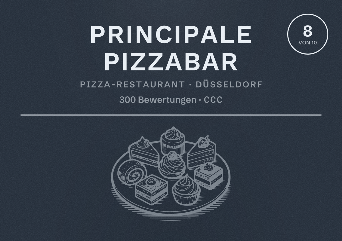 Illustriertes Poster von Principale Pizzabar, Pizza-Restaurant in Düsseldorf: Bewertung 8 von 10 aus 300 Bewertungen, Preisniveau €€€