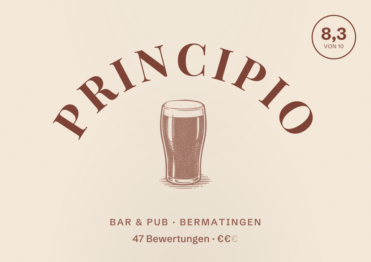 Illustriertes Poster von Principio, Bar & Pub in Bermatingen: Bewertung 8,3 von 10 aus 47 Bewertungen, Preisniveau €€