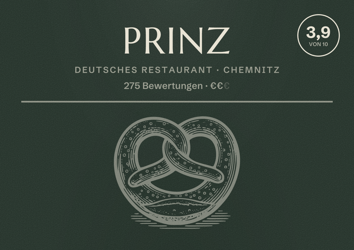 Illustriertes Poster von Prinz, Deutsches Restaurant in Chemnitz: Bewertung 3,9 von 10 aus 275 Bewertungen, Preisniveau €€