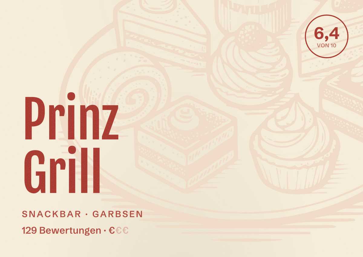 Illustriertes Poster von Prinz Grill, Snackbar in Garbsen: Bewertung 6,4 von 10 aus 129 Bewertungen, Preisniveau €