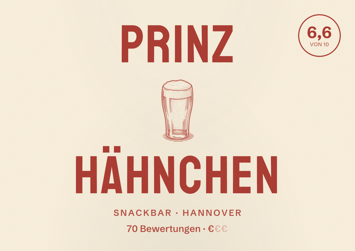 Illustriertes Poster von Prinz Hähnchen, Snackbar in Hannover: Bewertung 6,6 von 10 aus 70 Bewertungen, Preisniveau €