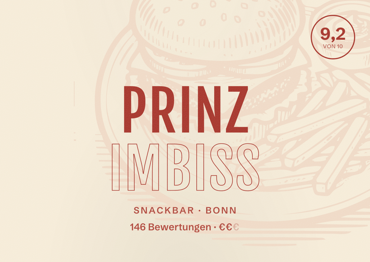 Illustriertes Poster von Prinz Imbiss, Snackbar in Bonn: Bewertung 9,2 von 10 aus 146 Bewertungen, Preisniveau €€