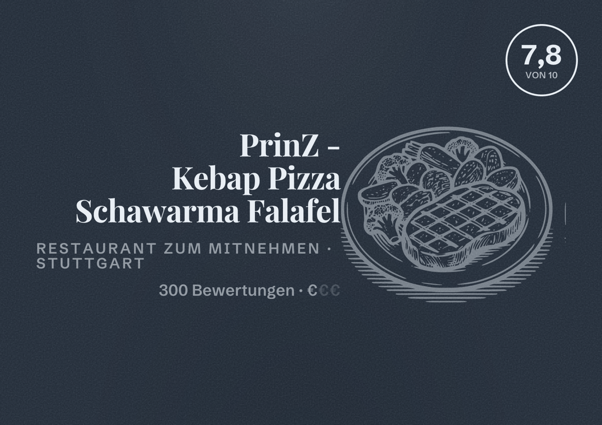 Illustriertes Poster von PrinZ - Kebap Pizza Schawarma Falafel, Restaurant zum Mitnehmen in Stuttgart: Bewertung 7,8 von 10 aus 300 Bewertungen, Preisniveau €