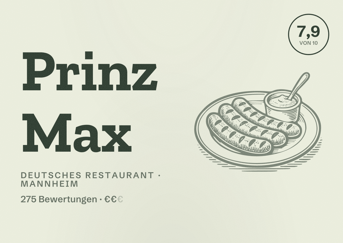 Illustriertes Poster von Prinz Max, Deutsches Restaurant in Mannheim: Bewertung 7,9 von 10 aus 275 Bewertungen, Preisniveau €€