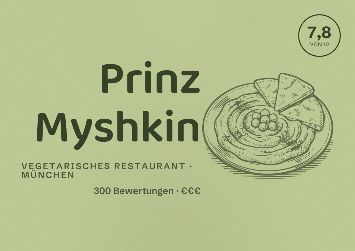 Illustriertes Poster von Prinz Myshkin, Vegetarisches Restaurant in München: Bewertung 7,8 von 10 aus 300 Bewertungen, Preisniveau €€€