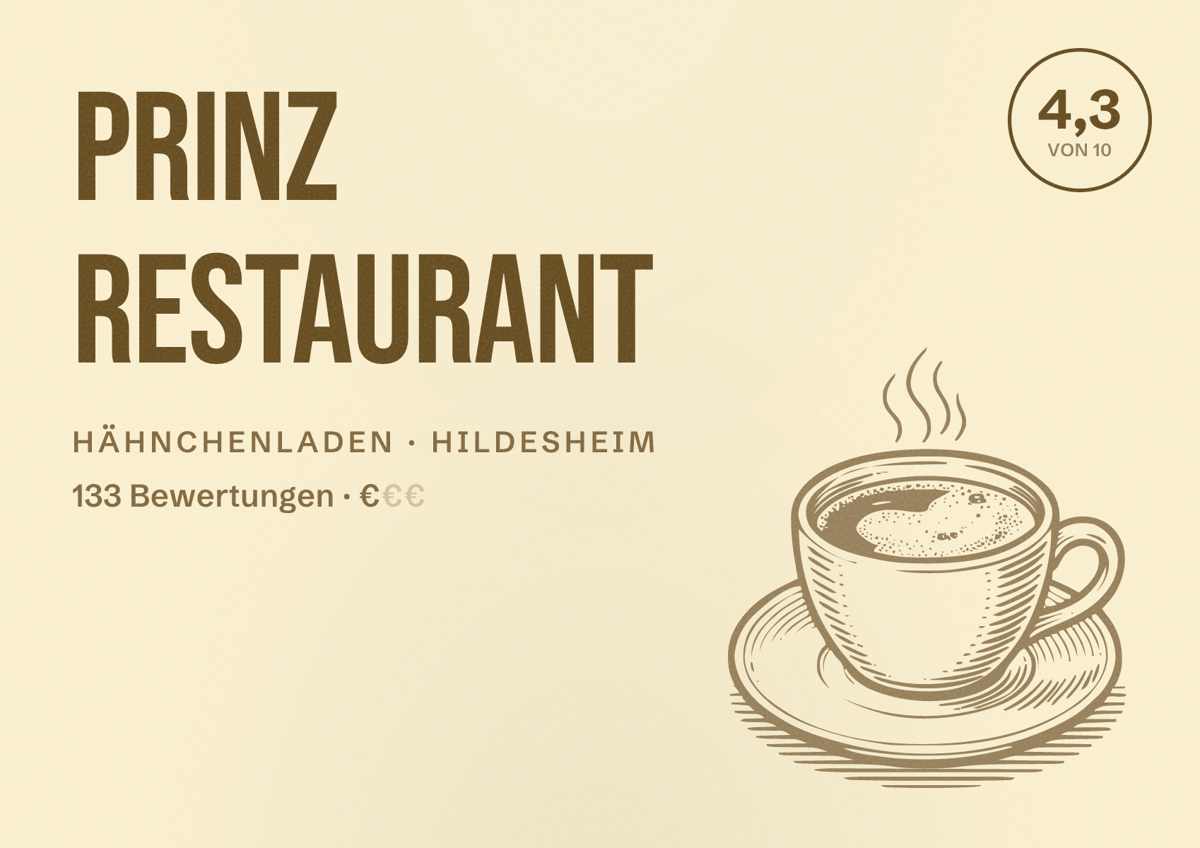 Illustriertes Poster von Prinz Restaurant, Hähnchenladen in Hildesheim: Bewertung 4,3 von 10 aus 133 Bewertungen, Preisniveau €