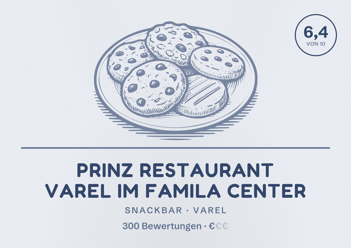 Illustriertes Poster von Prinz Restaurant Varel im Famila Center, Snackbar in Varel: Bewertung 6,4 von 10 aus 300 Bewertungen, Preisniveau €