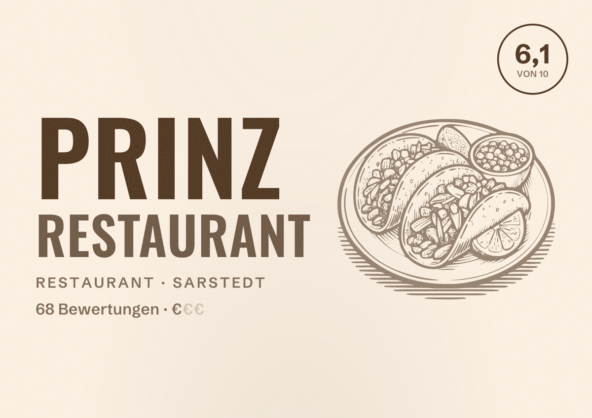 Illustriertes Poster von Prinz Restaurant, Restaurant in Sarstedt: Bewertung 6,1 von 10 aus 68 Bewertungen, Preisniveau €