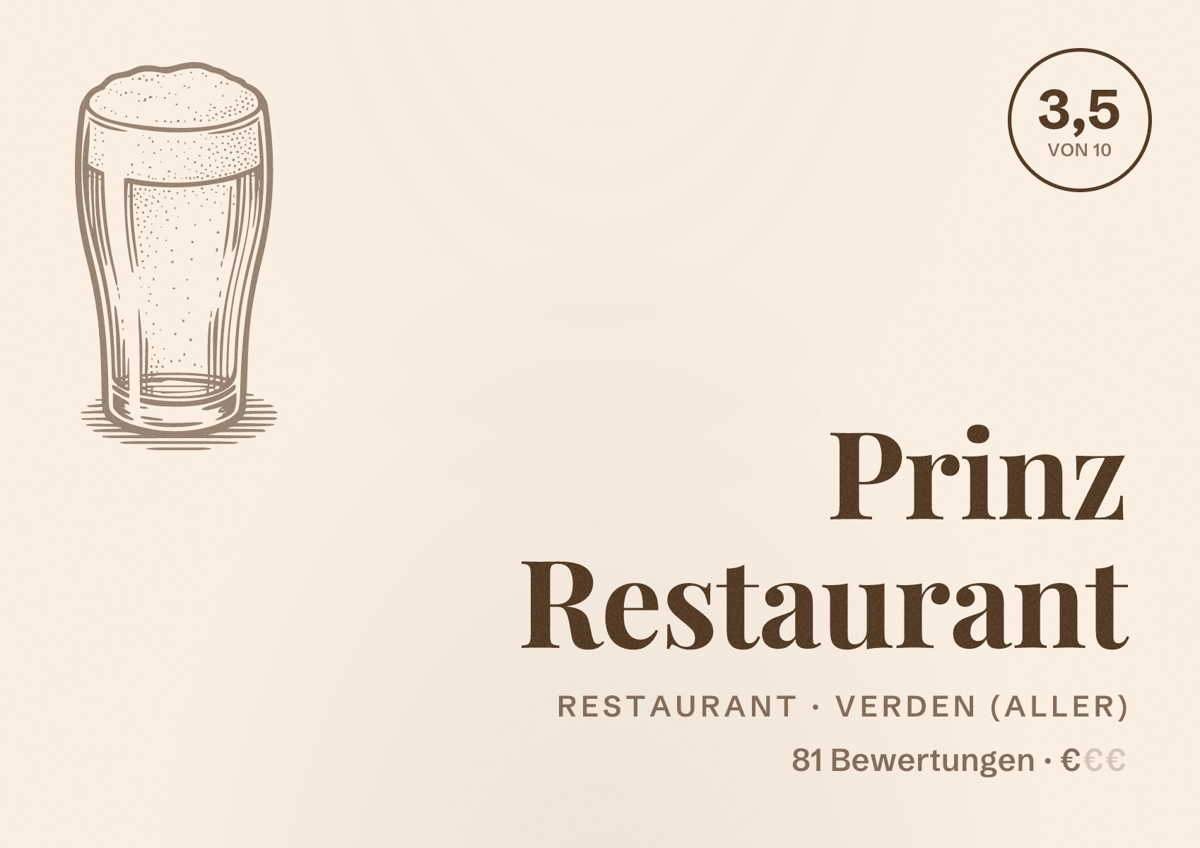 Illustriertes Poster von Prinz Restaurant, Restaurant in Verden (Aller): Bewertung 3,5 von 10 aus 81 Bewertungen, Preisniveau €