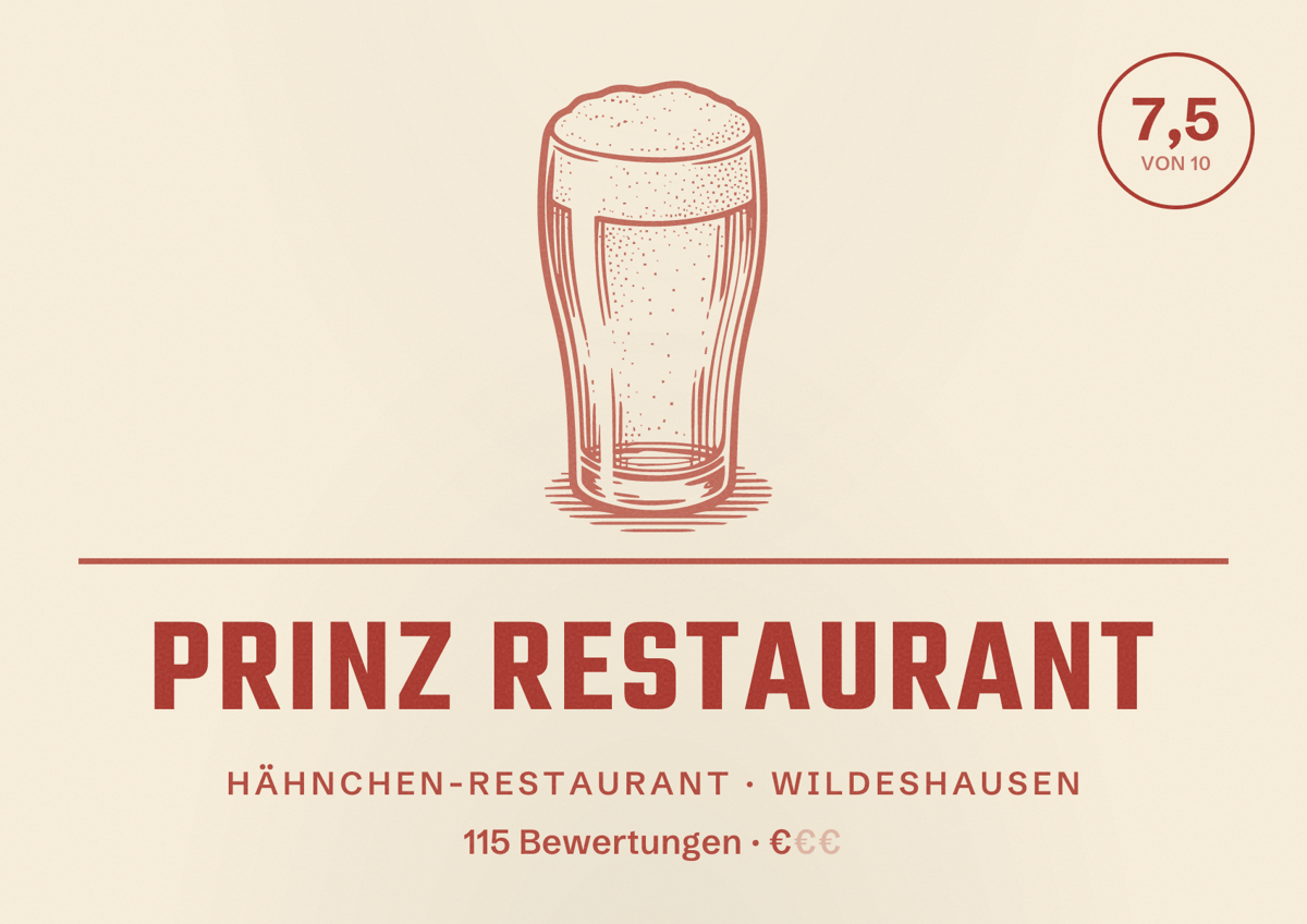 Illustriertes Poster von Prinz Restaurant, Hähnchen-Restaurant in Wildeshausen: Bewertung 7,5 von 10 aus 115 Bewertungen, Preisniveau €