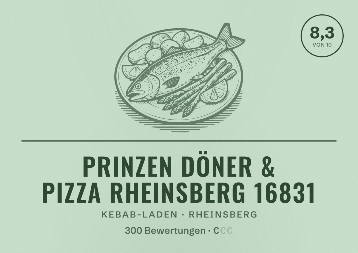Illustriertes Poster von Prinzen Döner & Pizza Rheinsberg 16831, Kebab-Laden in Rheinsberg: Bewertung 8,3 von 10 aus 300 Bewertungen, Preisniveau €